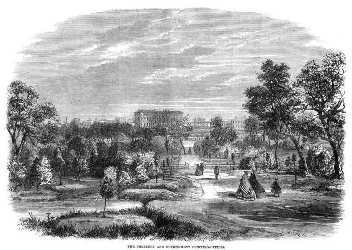 Framed Print : The treasury and government printing office, Melbourne, Australia, 1863. Artist: T Macquord Framed Print : The treasury and government printing office, Melbourne, Australia, 1863. Artist: T Macquord