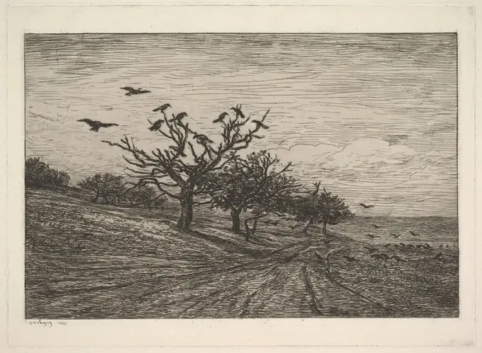 Framed Print : Tree Filled with Crows, 1867. Creator: Charles Francois Daubigny Framed Print : Tree Filled with Crows, 1867. Creator: Charles Francois Daubigny