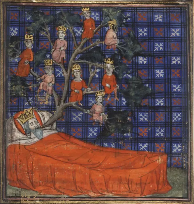 Framed Print : The Tree of Jesse (from the Bible historiale by Guiart des Moulins), 1400-1415. Artist: Virgil Master (active 1380-1420) Framed Print : The Tree of Jesse (from the Bible historiale by Guiart des Moulins), 1400-1415. Artist: Virgil Master (active 1380-1420)