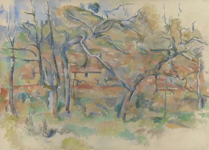 Framed Print : Trees and houses, Provence (NOB) Arbres et Maisons (FRE); Arbres et maison... c1885. Creator: Paul Cezanne Framed Print : Trees and houses, Provence (NOB) Arbres et Maisons (FRE); Arbres et maison... c1885. Creator: Paul Cezanne