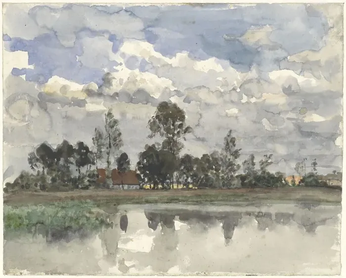 Framed Print : Trees reflecting in the water against a cloudy sky, 1845-1925. Creator: Julius Jacobus van de Sande Bakhuyzen Framed Print : Trees reflecting in the water against a cloudy sky, 1845-1925. Creator: Julius Jacobus van de Sande Bakhuyzen