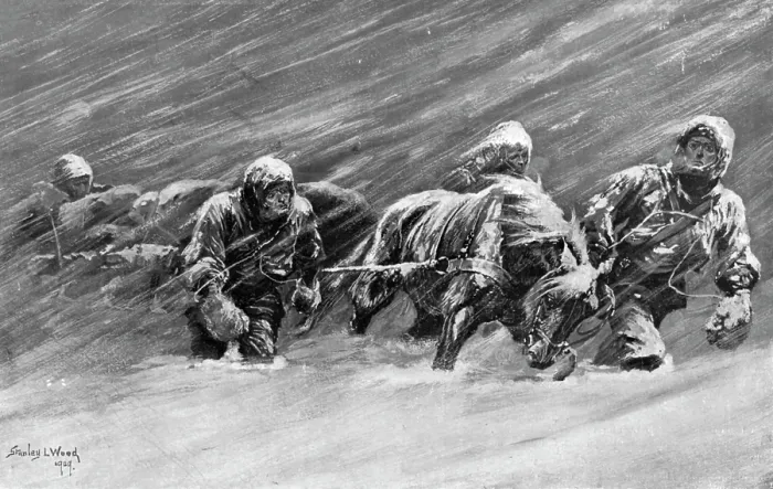 Framed Print : The trek during the snowstorm, 1909. Creator: Stanley Llewellyn Wood Framed Print : The trek during the snowstorm, 1909. Creator: Stanley Llewellyn Wood