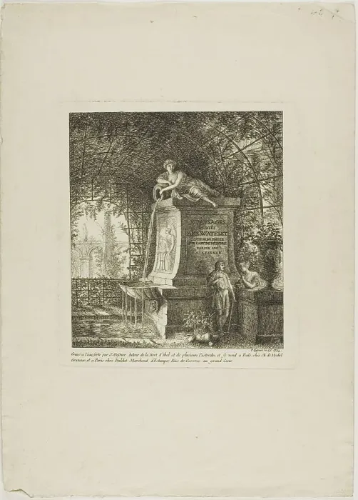 Framed Print : The Trellised Fountain, frontispiece from Paysages Dédiés à M. Warelet, 1764. Creator: Salomon Gessner Framed Print : The Trellised Fountain, frontispiece from Paysages Dédiés à M. Warelet, 1764. Creator: Salomon Gessner