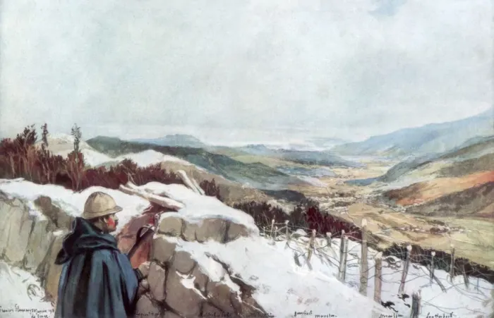 Framed Print : Trenches Overlooking the Munster Valley with the Rhine in the Distance, January 1916, (1926). Artist: Francois Flameng Framed Print : Trenches Overlooking the Munster Valley with the Rhine in the Distance, January 1916, (1926). Artist: Francois Flameng