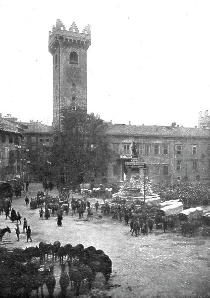 'Trente Italienne; Cantonnement de cavalerie italienne devant la vicille tour de l'Horloge, 1918. Creator: Unknown