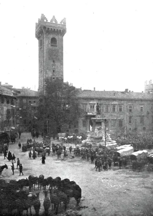 Framed Print : Trente Italienne; Cantonnement de cavalerie italienne devant la vicille tour de l'Horloge, 1918. Creator: Unknown Framed Print : Trente Italienne; Cantonnement de cavalerie italienne devant la vicille tour de l'Horloge, 1918. Creator: Unknown