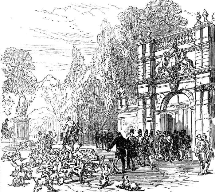 Framed Print : At Trentham: inspecting a pack of English foxhounds, 1873. Creator: Unknown Framed Print : At Trentham: inspecting a pack of English foxhounds, 1873. Creator: Unknown