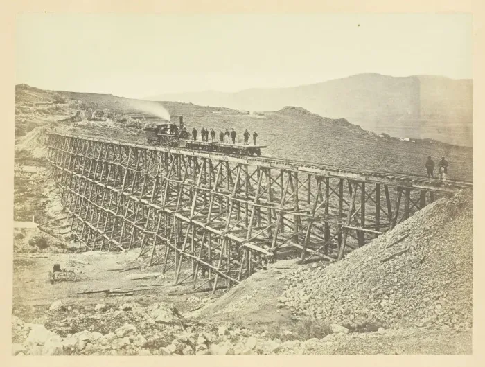 Framed Print : Trestle Work, Promontroy Point, Salt Lake Valley, 1868 / 69. Creator: Andrew Joseph Russell Framed Print : Trestle Work, Promontroy Point, Salt Lake Valley, 1868 / 69. Creator: Andrew Joseph Russell