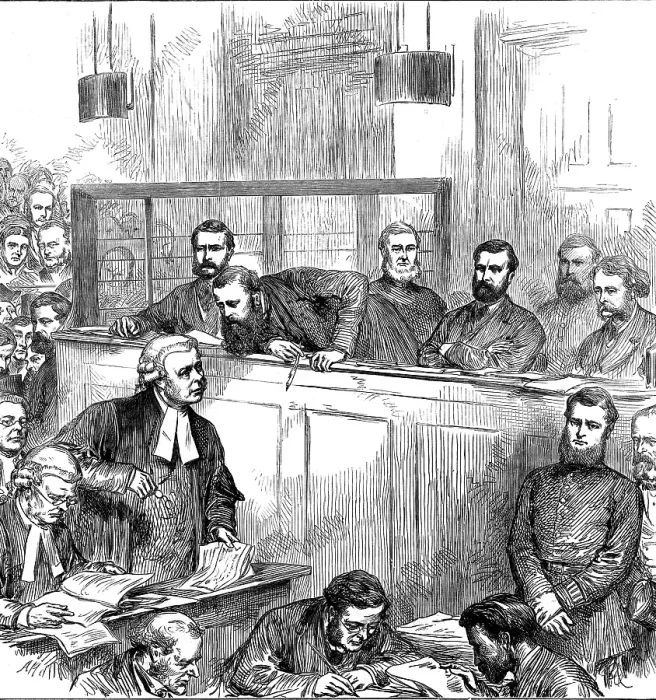 Framed Print : Trial of the bank forgers at the Old Bailey, 1873. Creator: Unknown