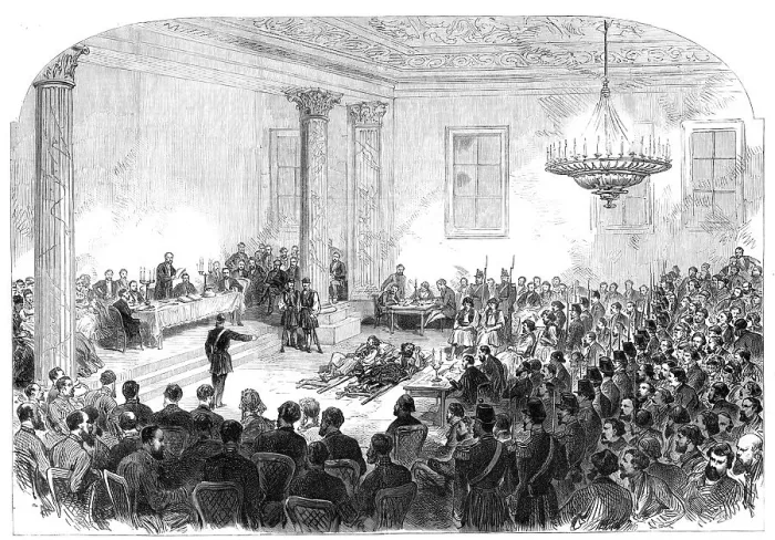 Framed Print : Trial of the Greek brigands at Athens, 1870. Creator: Unknown Framed Print : Trial of the Greek brigands at Athens, 1870. Creator: Unknown