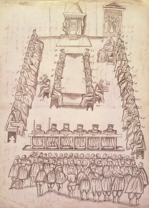 Framed Print : Trial of Mary, Queen of Scots in the Great Chamber at Fotheringhay castle, Oct 1586. Creator: Robert Beale Framed Print : Trial of Mary, Queen of Scots in the Great Chamber at Fotheringhay castle, Oct 1586. Creator: Robert Beale