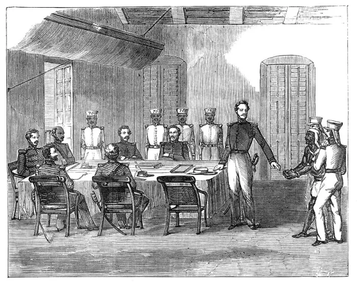 Framed Print : Trial of Native Prisoner by General Court-Martial, at the Main Guard, Fort William, Calcutta, 1857. Creator: Unknown Framed Print : Trial of Native Prisoner by General Court-Martial, at the Main Guard, Fort William, Calcutta, 1857. Creator: Unknown