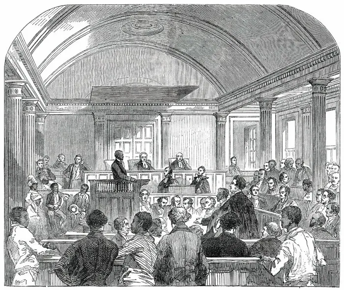 Framed Print : Trial of the Rioters (Oct. 1) in the Court-House, at Trinidad, 1850. Creator: Unknown Framed Print : Trial of the Rioters (Oct. 1) in the Court-House, at Trinidad, 1850. Creator: Unknown