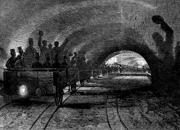 Trial-trip on the Metropolitan (underground) Railway: the train passing Portland-road station, 1862. Creator: Unknown