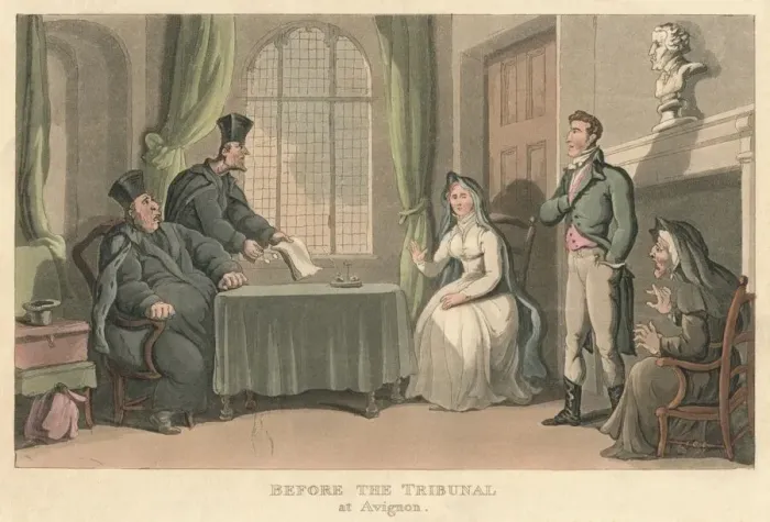 Framed Print : Before the Tribunal at Avignon, 1818, (1821). Artist: Thomas Rowlandson Framed Print : Before the Tribunal at Avignon, 1818, (1821). Artist: Thomas Rowlandson