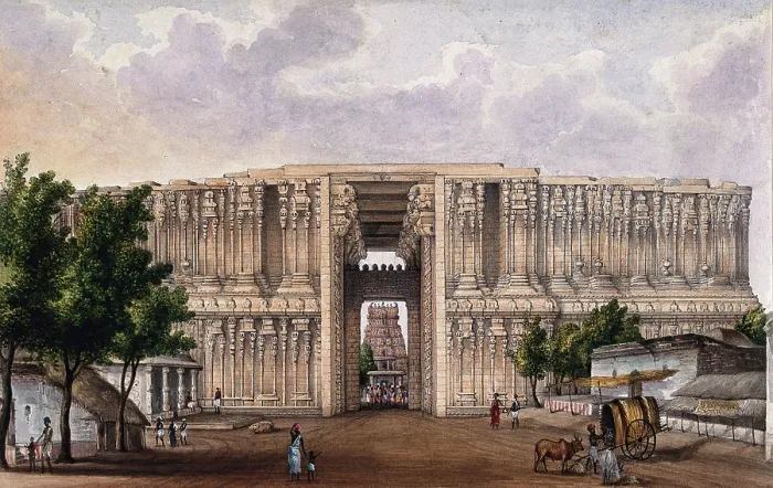 Framed Print : Trichy: first gate at the temple dedicated to Lord Vishnu at Srirangham, (between 1800 and 1899?). Creator: Unknown Framed Print : Trichy: first gate at the temple dedicated to Lord Vishnu at Srirangham, (between 1800 and 1899?). Creator: Unknown