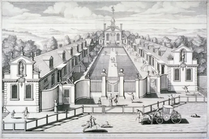 Framed Print : Trinity Almshouses, Mile End Road, Stepney, London, 1696. Artist: Simon Gribelin
