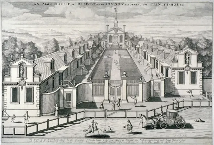 Framed Print : Trinity Almshouses, Mile End Road, Stepney, London, 1696. Artist: Simon Gribelin Framed Print : Trinity Almshouses, Mile End Road, Stepney, London, 1696. Artist: Simon Gribelin