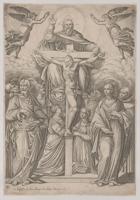 Framed Print : The Trinity, with the crucifixion at center and saints to both sides, 1586 Framed Print : The Trinity, with the crucifixion at center and saints to both sides, 1586