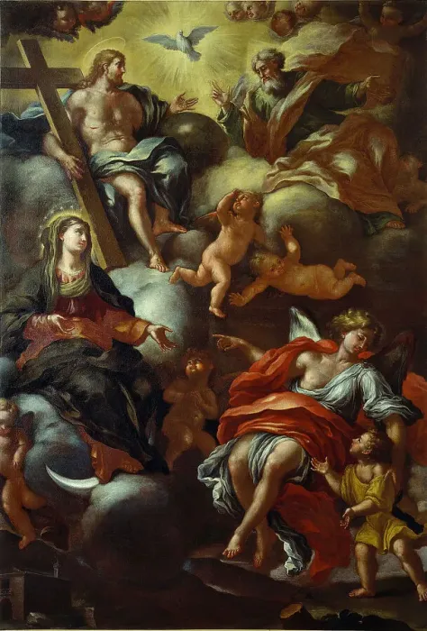Framed Print : Trinity, Madonna and Guardian Angel, c.1710. Creator: Del Pò, Giacomo (1654-1726) Framed Print : Trinity, Madonna and Guardian Angel, c.1710. Creator: Del Pò, Giacomo (1654-1726)