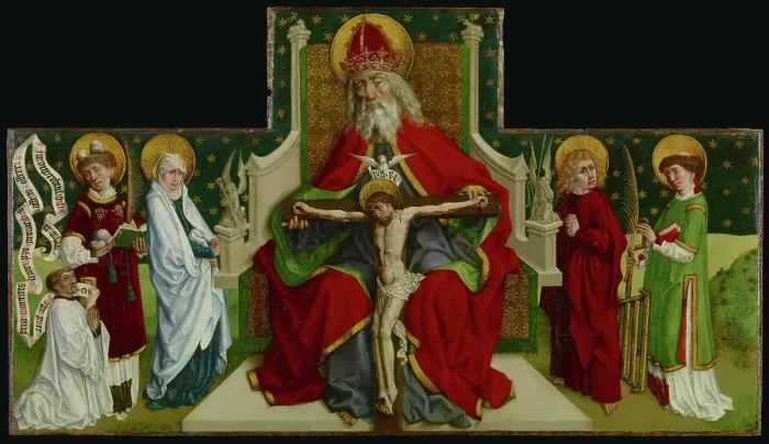 Framed Print : The Trinity with the Virgin, Saints John the Evangelist, Stephen and Lawrence and a Donor, 1479. Creator: Peter Hemmel von Andlau Workshop Framed Print : The Trinity with the Virgin, Saints John the Evangelist, Stephen and Lawrence and a Donor, 1479. Creator: Peter Hemmel von Andlau Workshop