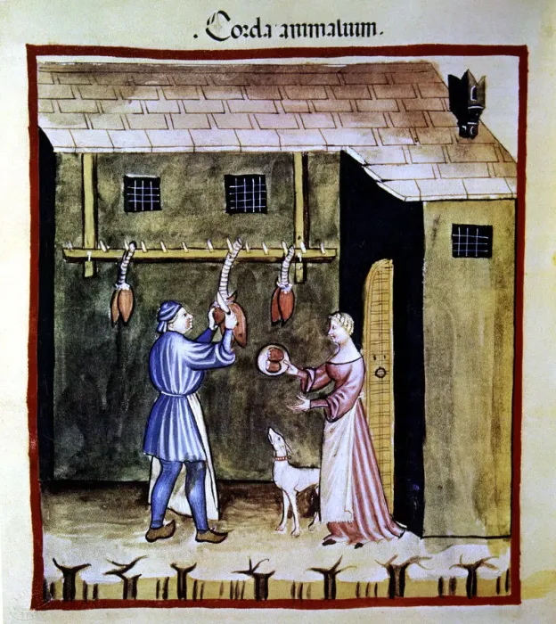 Framed Print : Tripe and offal shop, selling animal hearts. Miniature in the Tacuinum sanitatis Framed Print : Tripe and offal shop, selling animal hearts. Miniature in the Tacuinum sanitatis