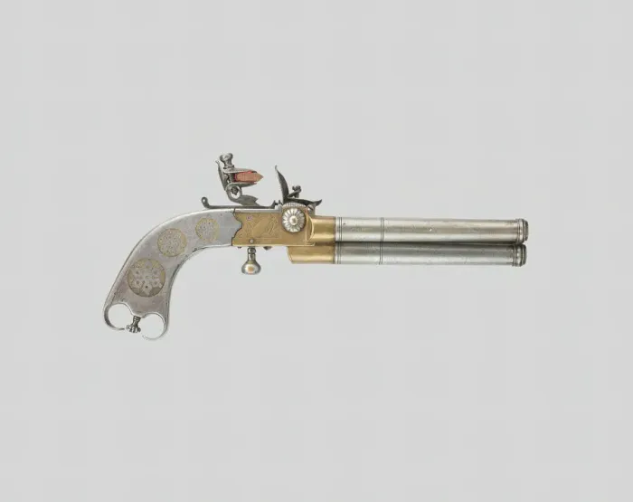 Framed Print : Triple-Barrel Breechloading Flintlock Pistol, England, c. 1820. Creator: Unknown Framed Print : Triple-Barrel Breechloading Flintlock Pistol, England, c. 1820. Creator: Unknown