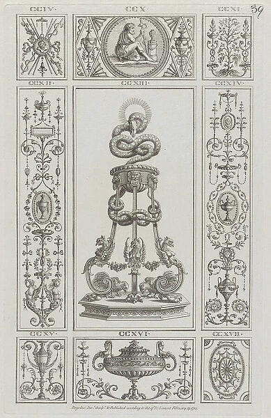 Tripod and Panels of Ornament, nos. CCIV-CCXVII ('Designs for Various Ornamen... February 29, 1782. Creator: Michelangelo Pergolesi. Tripod and Panels of Ornament, nos. CCIV-CCXVII ('Designs for Various Ornamen... February 29, 1782)