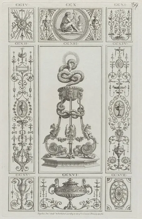 Framed Print : Tripod and Panels of Ornament, nos. CCIV-CCXVII ('Designs for Various Ornamen... February 29, 1782. Creator: Michelangelo Pergolesi. Tripod and Panels of Ornament, nos. CCIV-CCXVII ('Designs for Various Ornamen... February 29, 1782) Framed Print : Tripod and Panels of Ornament, nos. CCIV-CCXVII ('Designs for Various Ornamen... February 29, 1782. Creator: Michelangelo Pergolesi. Tripod and Panels of Ornament, nos. CCIV-CCXVII ('Designs for Various Ornamen... February 29, 1782)
