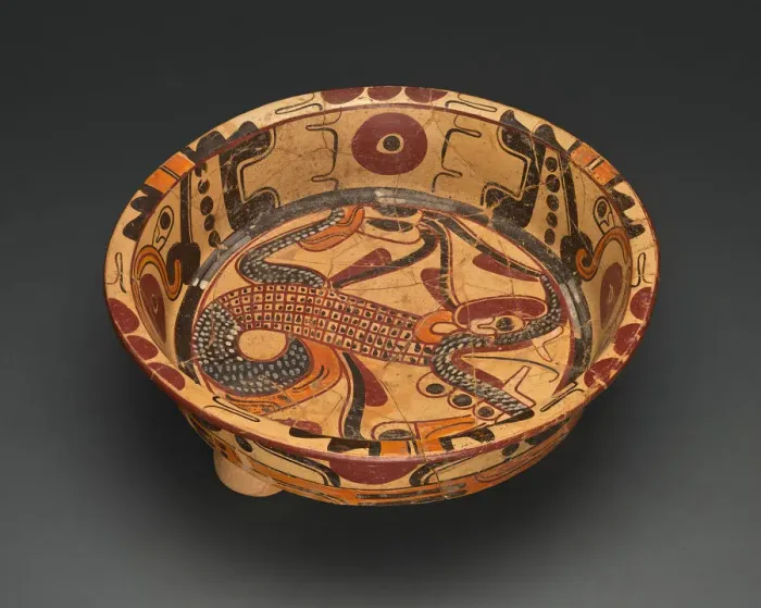 Framed Print : Tripod Polychrome Bowl Depicting a Serpent with Feathers, A. D. 500 / 750. Creator: Unknown Framed Print : Tripod Polychrome Bowl Depicting a Serpent with Feathers, A. D. 500 / 750. Creator: Unknown