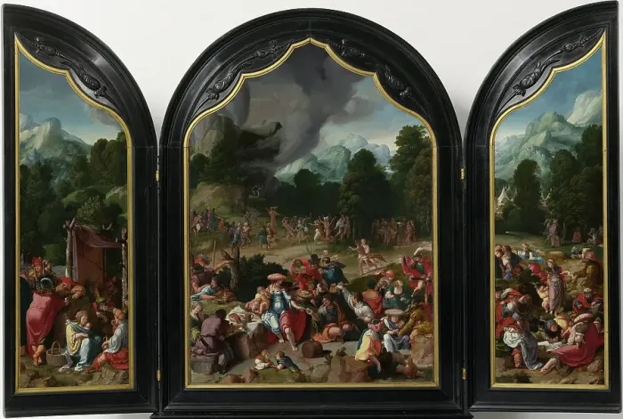 Framed Print : Triptych with the Adoration of the Golden Calf. Artist: Leyden, Lucas, van (1489 / 94-1533) Framed Print : Triptych with the Adoration of the Golden Calf. Artist: Leyden, Lucas, van (1489 / 94-1533)