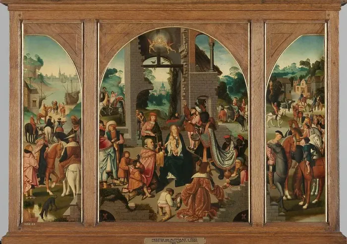 Framed Print : Triptych with Adoration of the Magi (center and inner wings), Saint Antony Abbot (left, outer wing) Creator: Master of Alkmaar Framed Print : Triptych with Adoration of the Magi (center and inner wings), Saint Antony Abbot (left, outer wing) Creator: Master of Alkmaar