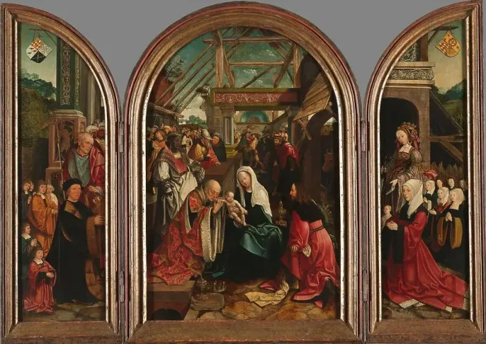 Framed Print : Triptych with the Adoration of the Magi (centre panel), the Donor and his Six Sons with St Jerome (i Creator: Jacob Cornelisz. van Oostsanen) Framed Print : Triptych with the Adoration of the Magi (centre panel), the Donor and his Six Sons with St Jerome (i Creator: Jacob Cornelisz. van Oostsanen)