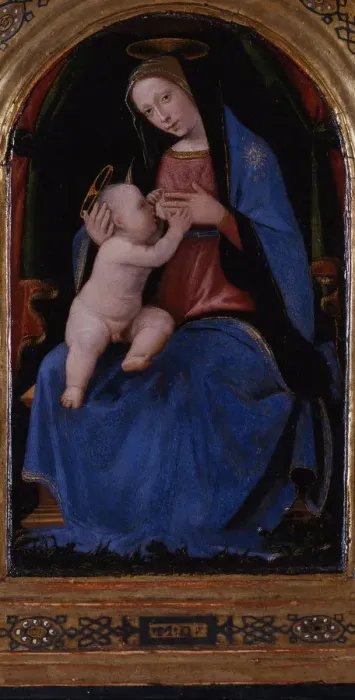 Framed Print : Triptych, central panel: Enthroned Maria lactans, 1500. Artist: Albertinelli, Mariotto (1474-1515)