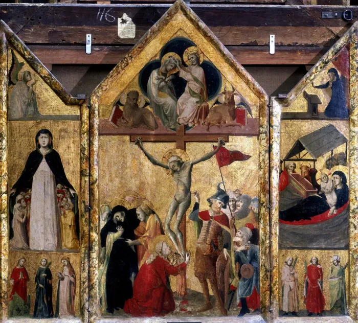 Framed Print : Triptych with the Crucifixion as the central panel, c1333. Artist: Master of Bologna Framed Print : Triptych with the Crucifixion as the central panel, c1333. Artist: Master of Bologna