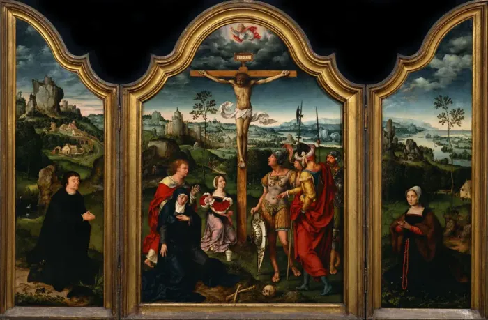 Framed Print : Triptych: The Crucifixion with Donor and His Wife. Artist: Cleve, Joos, van (ca. 1485-1540) Framed Print : Triptych: The Crucifixion with Donor and His Wife. Artist: Cleve, Joos, van (ca. 1485-1540)