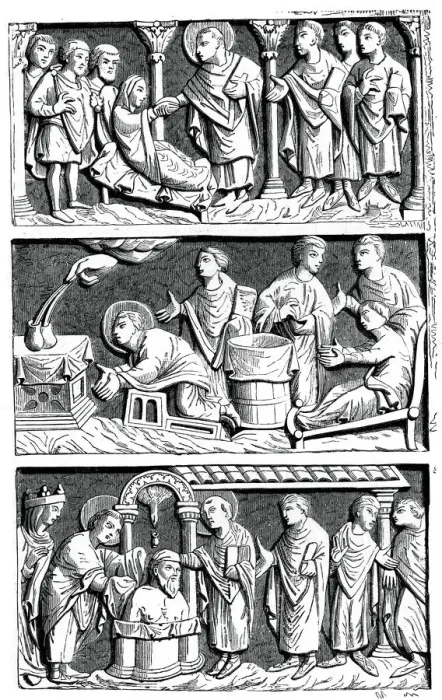 Framed Print : A triptych of the healing work of St Remy, Bishop of Reims, 11th century (1870) Framed Print : A triptych of the healing work of St Remy, Bishop of Reims, 11th century (1870)