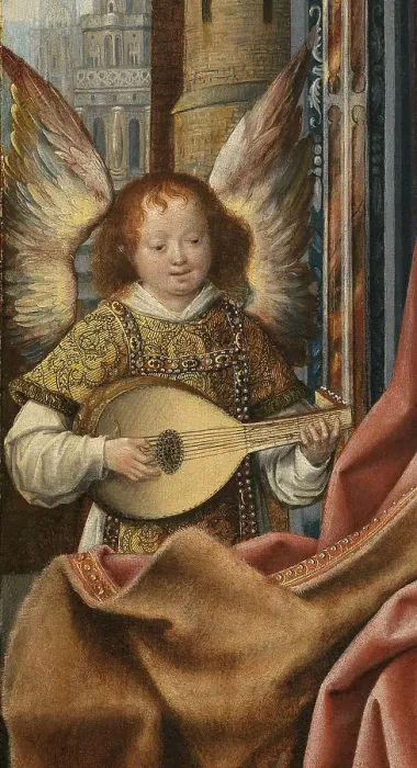 Framed Print : Triptych of the Holy Family with Music Making Angels. Detail: The Angel, ca 1510-1520. Artist: Master of Frankfurt (1460-ca. 1533) Framed Print : Triptych of the Holy Family with Music Making Angels. Detail: The Angel, ca 1510-1520. Artist: Master of Frankfurt (1460-ca. 1533)