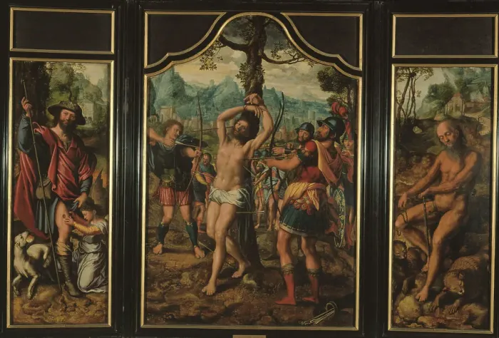Framed Print : Triptych of the martyrdom of Saint Sebastian (central panel)... between 1525 and 1566. Creator: Jan Sanders van Hemessen Framed Print : Triptych of the martyrdom of Saint Sebastian (central panel)... between 1525 and 1566. Creator: Jan Sanders van Hemessen