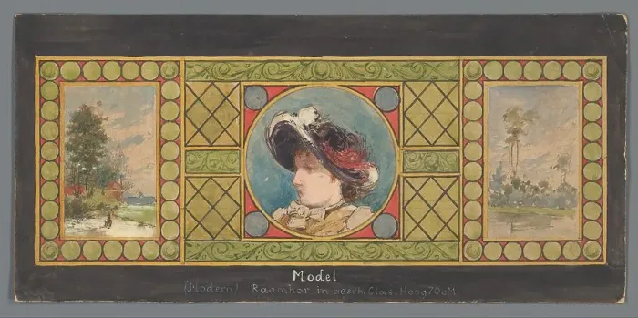 Framed Print : Triptych of painted glass with a landscape on either side of a portrait of a woman with hat, c.1850- Creator: Anon Framed Print : Triptych of painted glass with a landscape on either side of a portrait of a woman with hat, c.1850- Creator: Anon