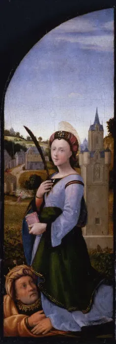 Framed Print : Triptych: Saint Barbara and her father Dioscurus, 1500. Artist: Albertinelli, Mariotto (1474-1515) Framed Print : Triptych: Saint Barbara and her father Dioscurus, 1500. Artist: Albertinelli, Mariotto (1474-1515)
