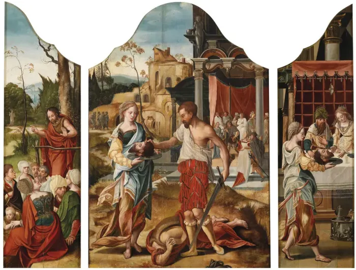 Framed Print : Triptych with scenes from the life of Saint John the Baptist, ca 1530. Artist: Master of the Gent Adultress (active c. 1530) Framed Print : Triptych with scenes from the life of Saint John the Baptist, ca 1530. Artist: Master of the Gent Adultress (active c. 1530)