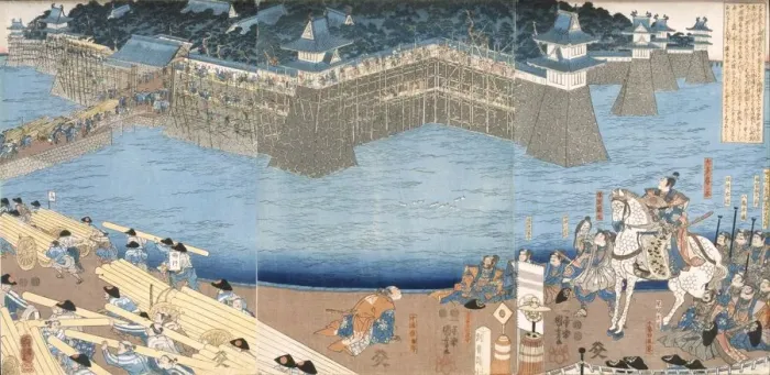 Framed Print : Triptych showing a fort being built by River Kunigos, Edo period (1603-1868). Creator Framed Print : Triptych showing a fort being built by River Kunigos, Edo period (1603-1868). Creator