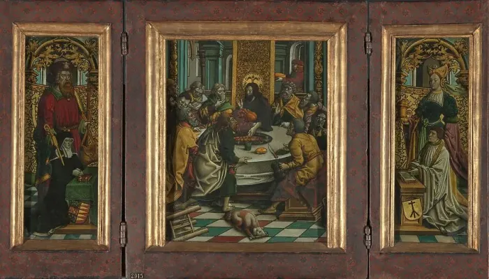 Framed Print : Triptych with the Last Supper and Donors, c.1525-c.1530. Creator: Jacob Cornelisz. van Oostsanen