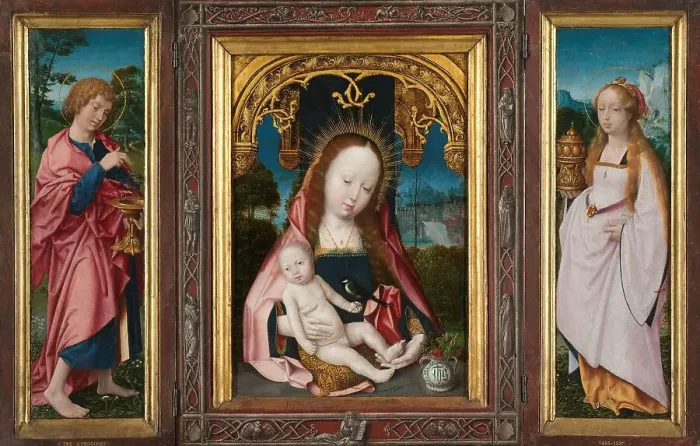 Framed Print : Triptych with Virgin and Child, Saint John the Evangelist (left wing) and Mary Magdalene (right wing Creator: Jan Provoost) Framed Print : Triptych with Virgin and Child, Saint John the Evangelist (left wing) and Mary Magdalene (right wing Creator: Jan Provoost)