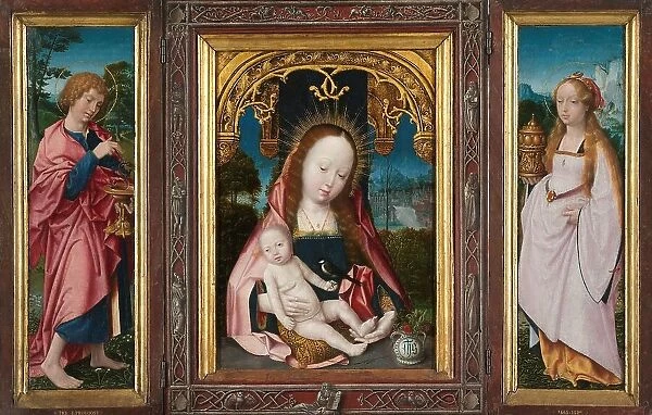 Triptych with Virgin and Child, Saint John the Evangelist (left wing) and Mary Magdalene (right wing Creator: Jan Provoost)