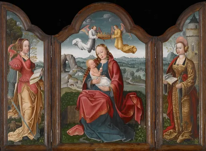 Framed Print : Triptych with the Virgin and Child, St Barbara, and St Catherine, about 1510-1530. Creator: Unknown Framed Print : Triptych with the Virgin and Child, St Barbara, and St Catherine, about 1510-1530. Creator: Unknown