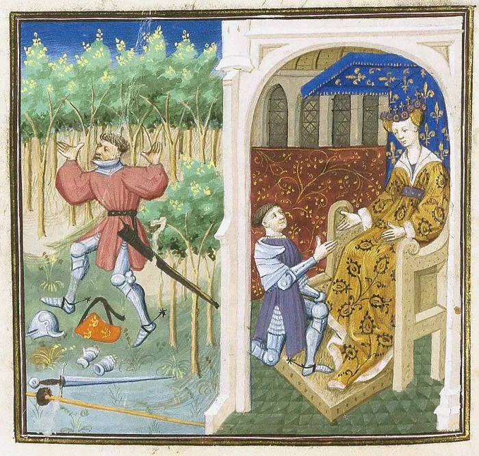 Framed Print : Tristan en prose. MS 648 (0404): Folie de Tristan - Iseut demandant à Fergus de retrouver... c1455. Creator: Dunois Master, (Maître de Dunois) (active 1430-1465) Framed Print : Tristan en prose. MS 648 (0404): Folie de Tristan - Iseut demandant à Fergus de retrouver... c1455. Creator: Dunois Master, (Maître de Dunois) (active 1430-1465)