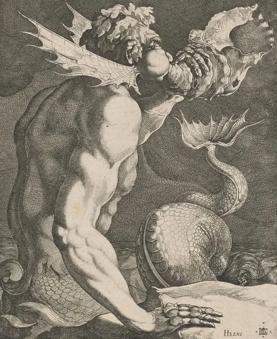 Framed Print : Triton Blowing on a Conch, c.1618. Creator: Jacob III de Gheyn Framed Print : Triton Blowing on a Conch, c.1618. Creator: Jacob III de Gheyn