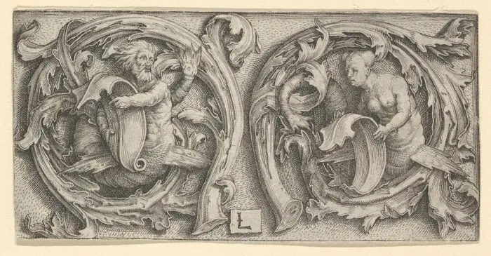 Framed Print : Triton and Siren in Tendrils, ca. 1510. Creator: Lucas van Leyden Framed Print : Triton and Siren in Tendrils, ca. 1510. Creator: Lucas van Leyden